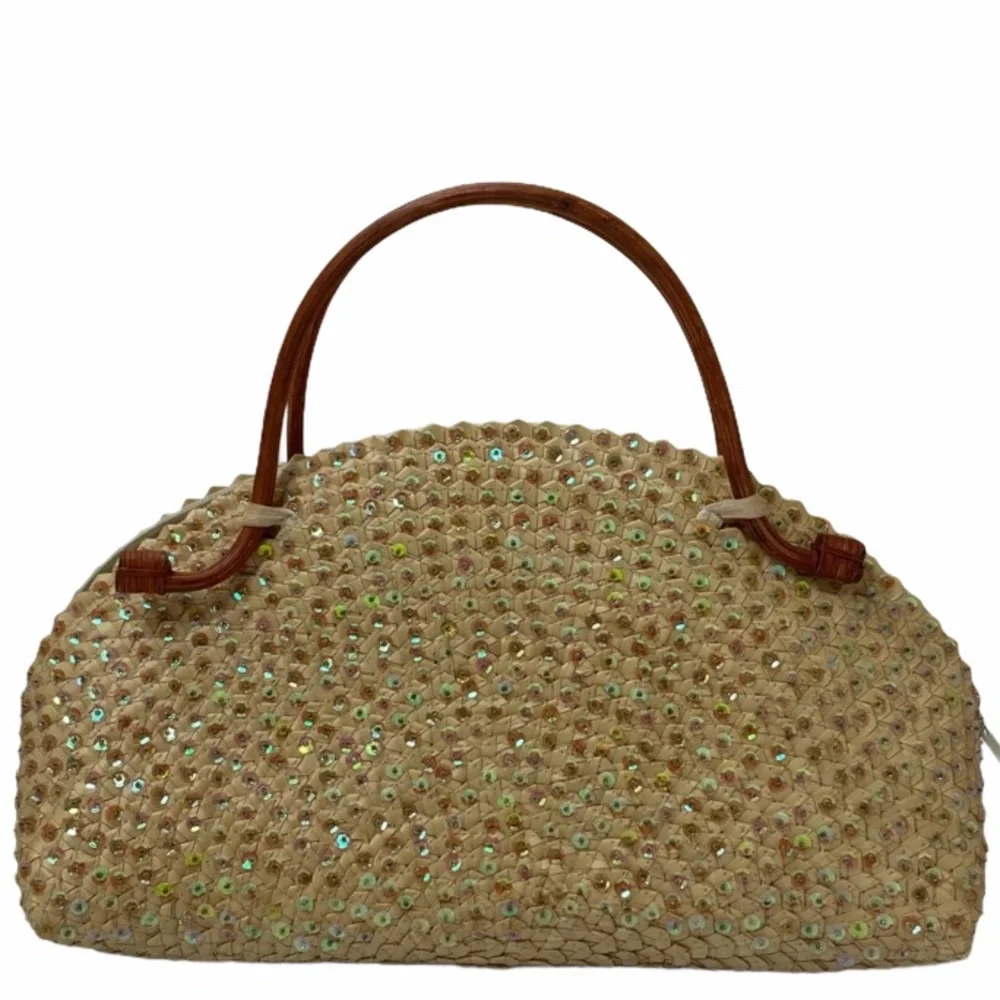 Vintage Handbag Woven Bamboo Wood Handle Sequins Handmade Bag Hand Crafted Purse